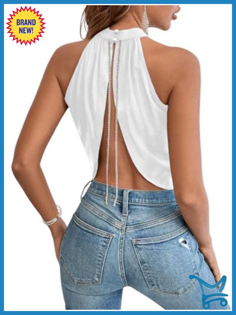 Rhinestone Open Back Halter Crop Top Sleeveless Party Top